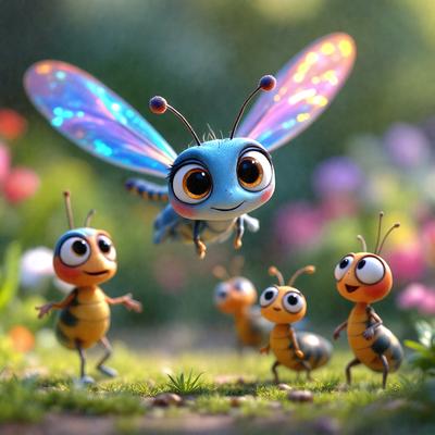 The primary subject of the image is a group of colorful insects, including a blue butterfly and a yellow bee, flying in a field with flowers. The setting is a lush, green field with a variety of flowers, creating a vibrant and cheerful atmosphere. The visual style of the image is a combination of photo and digital art, with the insects appearing to be drawn or painted onto the scene. The colors and mood of the image are bright, cheerful, and lively, with the insects and flowers creating a sense of playfulness and joy.